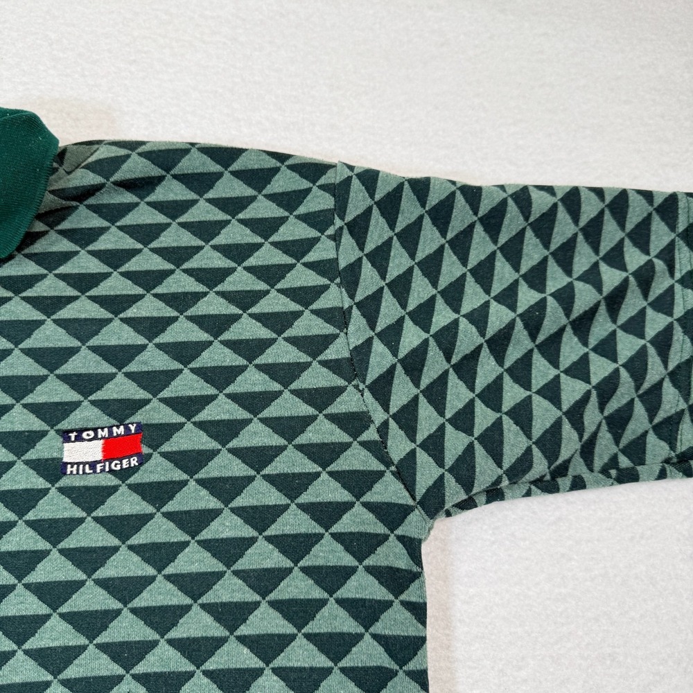 Tommy Hilfiger Polo‎ Shirt Mens L Green Geometric Print 90s USA Made Cotton